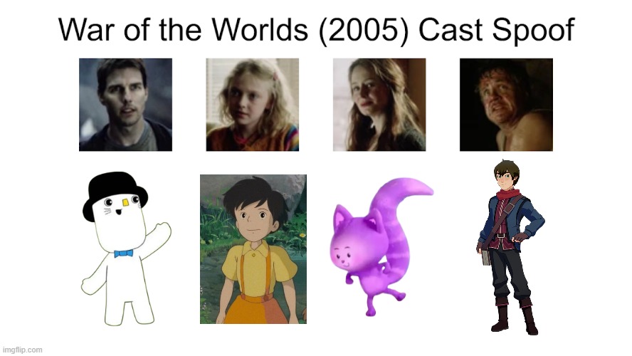Credit to Waldness Topic International for this used | image tagged in meme,memes,spoof cast,war of the worlds 2005,characters,roles | made w/ Imgflip meme maker