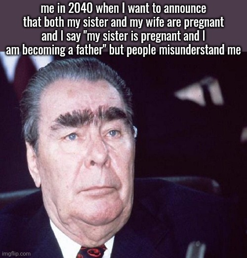 Brezhnev | me in 2040 when I want to announce that both my sister and my wife are pregnant and I say "my sister is pregnant and I am becoming a father" but people misunderstand me | image tagged in brezhnev | made w/ Imgflip meme maker