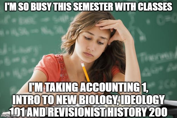 Frustrated College Student | I'M SO BUSY THIS SEMESTER WITH CLASSES; I'M TAKING ACCOUNTING 1, INTRO TO NEW BIOLOGY, IDEOLOGY 101 AND REVISIONIST HISTORY 200 | image tagged in frustrated college student | made w/ Imgflip meme maker