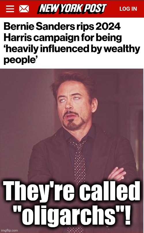 Democrat oligarchs! | They're called
"oligarchs"! | image tagged in memes,face you make robert downey jr,bernie sanders,oligarchs,democrats,kamala harris | made w/ Imgflip meme maker