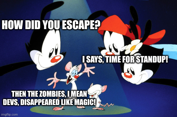 Dev magic act Standup | HOW DID YOU ESCAPE? I SAYS, TIME FOR STANDUP! THEN THE ZOMBIES, I MEAN DEVS, DISAPPEARED LIKE MAGIC! | image tagged in pinky and the brain animaniacs,pinky,developer,programmer,standup | made w/ Imgflip meme maker
