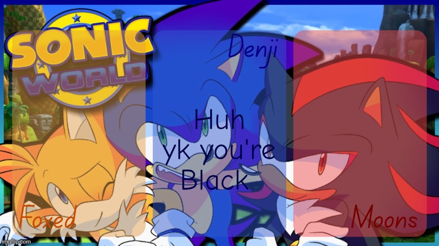 Foxed, Denji, and Moons - Tails, Sonic, and Shadow temp | Huh yk you're Black | image tagged in foxed denji and moons - tails sonic and shadow temp | made w/ Imgflip meme maker