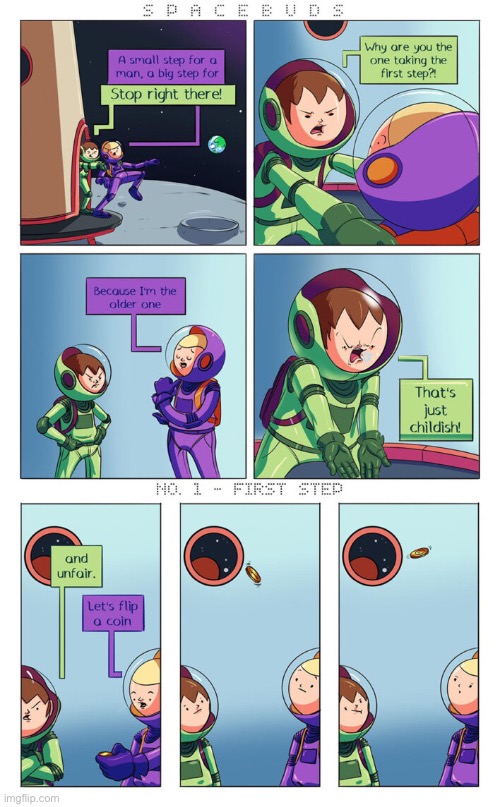 image tagged in comics,spacebuds,weightless coin flip,one small step | made w/ Imgflip meme maker