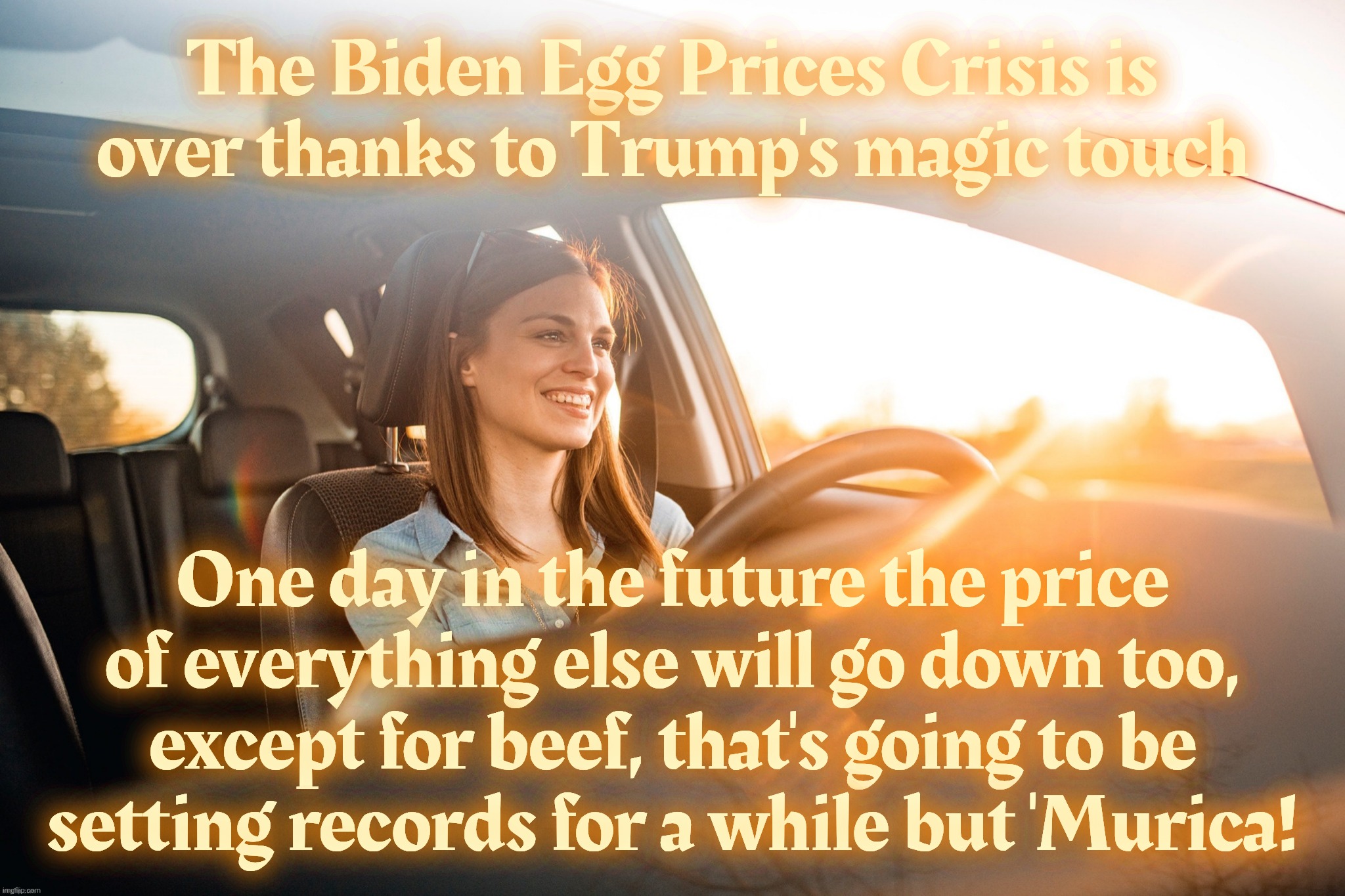 Smiling in the car | The Biden Egg Prices Crisis is
over thanks to Trump's magic touch One day in the future the price
of everything else will go down too,
excep | image tagged in smiling in the car | made w/ Imgflip meme maker