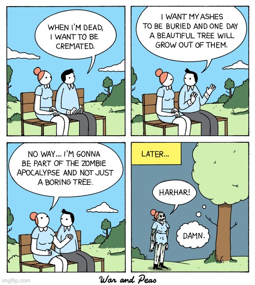 War and Peas | image tagged in comics,war and peas,tree and zombie | made w/ Imgflip meme maker