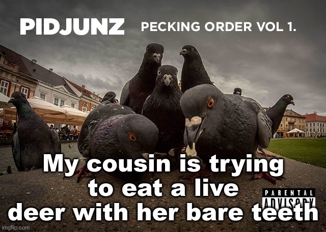 PIDJUNZ: Pecking Order Vol 1. | My cousin is trying to eat a live deer with her bare teeth | image tagged in pidjunz pecking order vol 1 | made w/ Imgflip meme maker