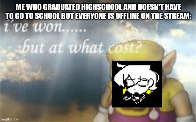 It's lonely in this kingdom | ME WHO GRADUATED HIGHSCHOOL AND DOESN'T HAVE TO GO TO SCHOOL BUT EVERYONE IS OFFLINE ON THE STREAM: | image tagged in i've won but at what cost | made w/ Imgflip meme maker