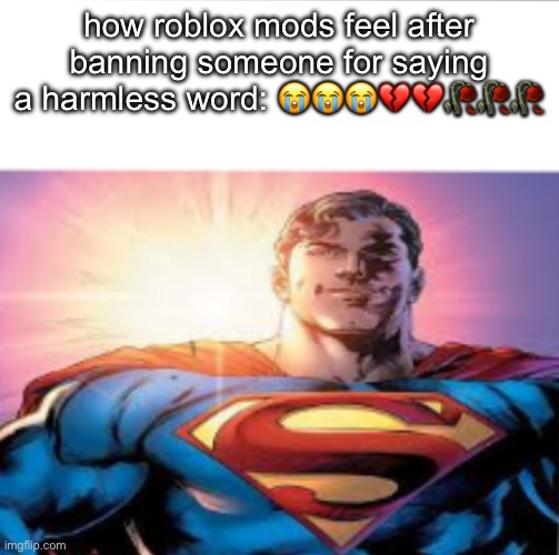 Superman starman meme | how roblox mods feel after banning someone for saying a harmless word: 😭😭😭💔💔🥀🥀🥀 | image tagged in superman starman meme | made w/ Imgflip meme maker