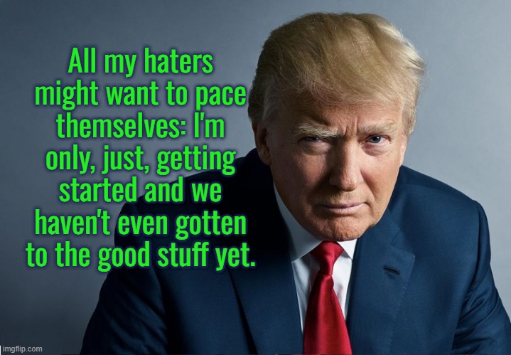Big Sting | All my haters might want to pace themselves: I'm only, just, getting started and we haven't even gotten to the good stuff yet. | image tagged in trump,setting things up | made w/ Imgflip meme maker