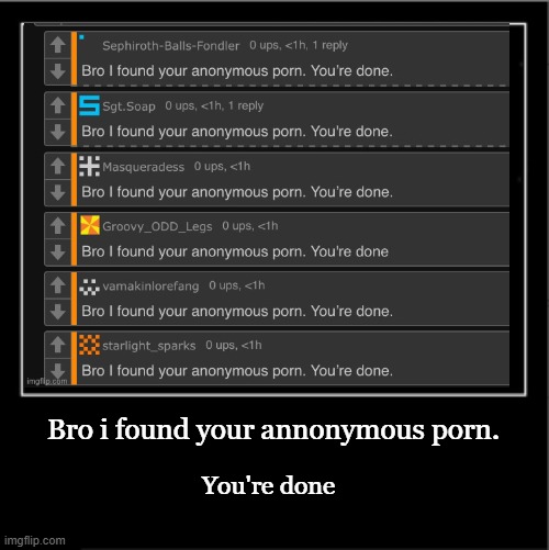 Demotivational poster | Bro i found your annonymous porn. You're done | image tagged in demotivational poster,bro i found your annonymous porn you're done | made w/ Imgflip meme maker