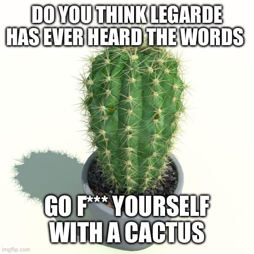 cactus | DO YOU THINK LEGARDE HAS EVER HEARD THE WORDS GO F*** YOURSELF WITH A CACTUS | image tagged in cactus | made w/ Imgflip meme maker