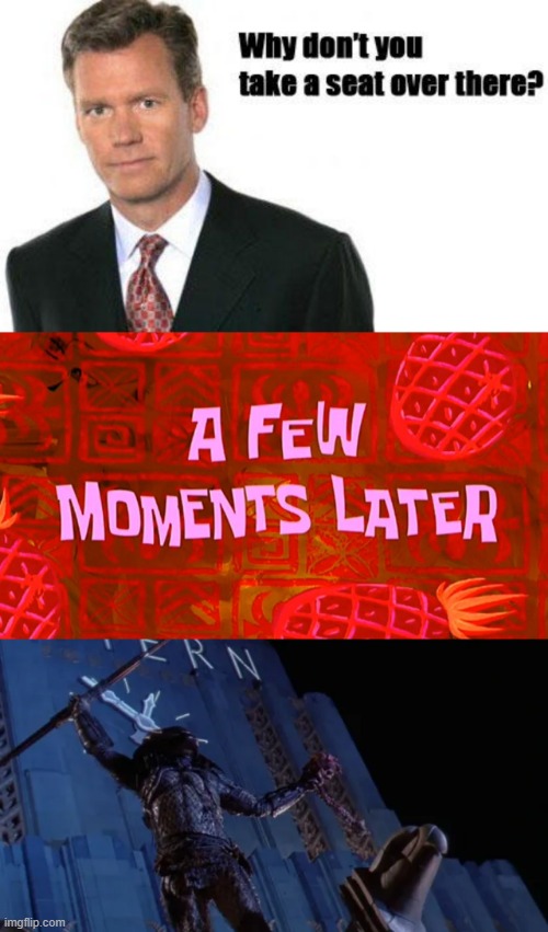 Chris Hansen Chases After The Wrong Predator | image tagged in chris hansen,predator,wrong,spine and skull,spine,skull | made w/ Imgflip meme maker