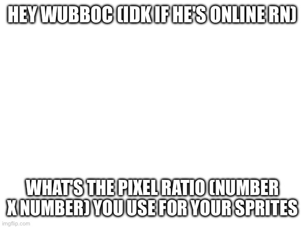 My turn | HEY WUBBOC (IDK IF HE'S ONLINE RN); WHAT'S THE PIXEL RATIO (NUMBER X NUMBER) YOU USE FOR YOUR SPRITES | made w/ Imgflip meme maker