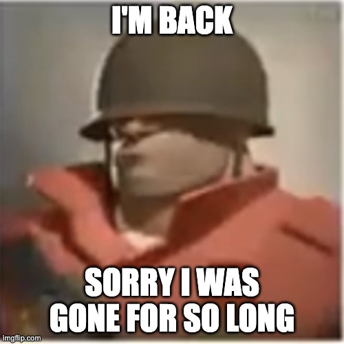 Soldier TF2 | I'M BACK; SORRY I WAS GONE FOR SO LONG | image tagged in soldier tf2 | made w/ Imgflip meme maker