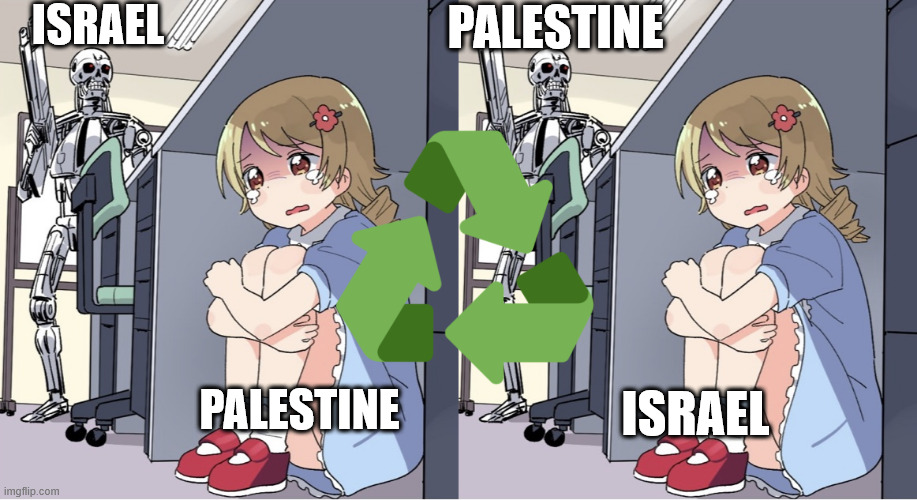 ISRAEL PALESTINE PALESTINE ISRAEL | image tagged in anime girl hiding from terminator | made w/ Imgflip meme maker