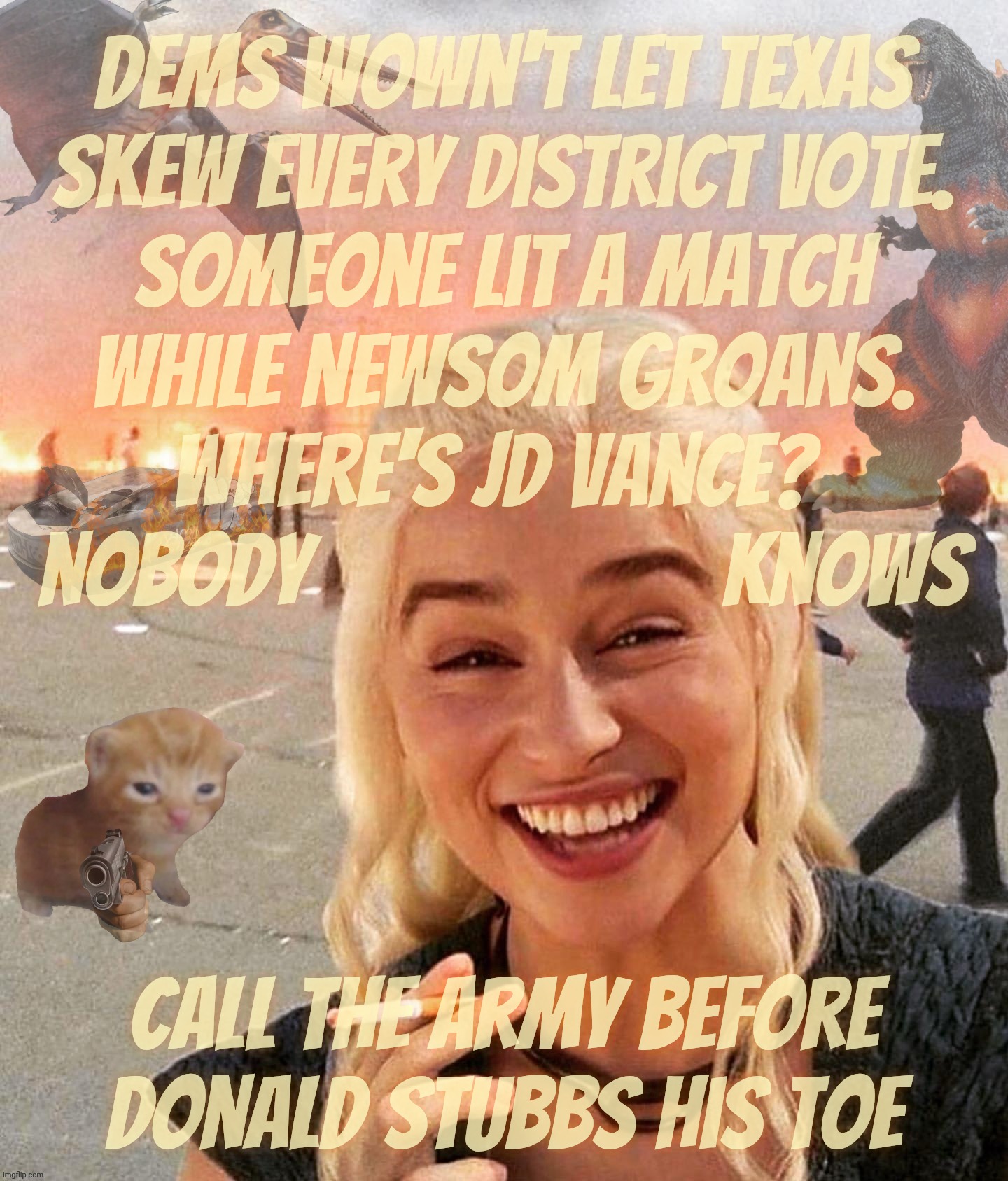 Disaster Smoker Gal kitchen sink edition | Dems wown't let Texas
skew every district vote.
Someone lit a match
while Newsom groans.
Where's JD Vance? 
nobody                     knows | image tagged in disaster smoker gal kitchen sink edition | made w/ Imgflip meme maker
