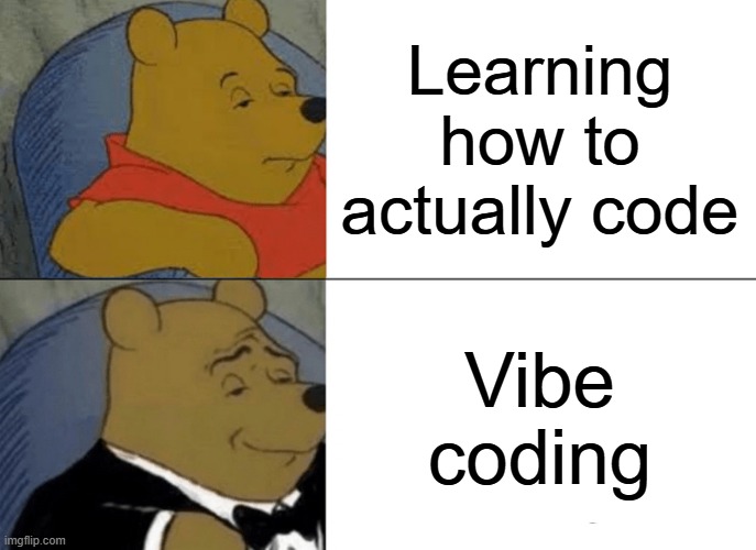 Vibe coding | Learning how to actually code; Vibe coding | image tagged in memes,tuxedo winnie the pooh,vibe coding | made w/ Imgflip meme maker