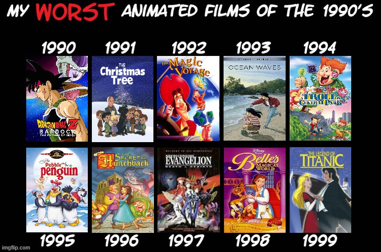 worst animated films of the 1990s | image tagged in worst of the 90s,worst films of all time,1990s,dumpster fire,movies,cinema | made w/ Imgflip meme maker
