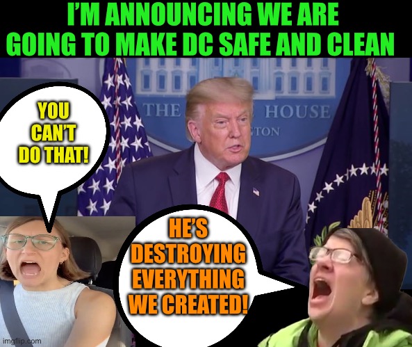 Trump wants our Capitol to have less crime and homelessness. The left hates the idea | I’M ANNOUNCING WE ARE GOING TO MAKE DC SAFE AND CLEAN; YOU CAN’T DO THAT! HE’S DESTROYING EVERYTHING WE CREATED! | image tagged in trump press conference,lefties crying,extricate the garbage,criminals over citizens says the left | made w/ Imgflip meme maker