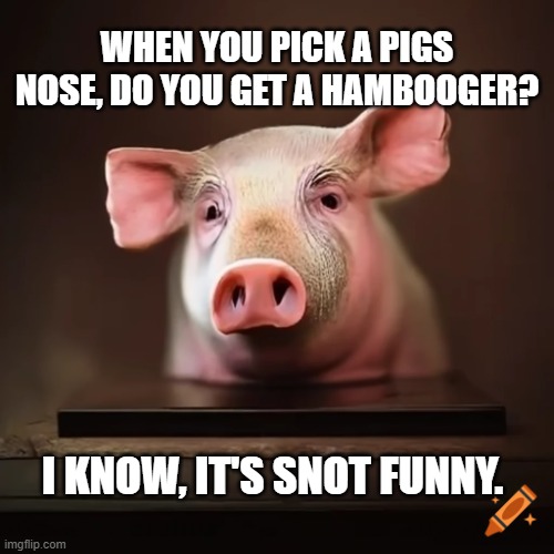 pig snot | WHEN YOU PICK A PIGS NOSE, DO YOU GET A HAMBOOGER? I KNOW, IT'S SNOT FUNNY. | image tagged in pig snot | made w/ Imgflip meme maker