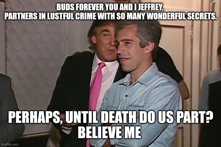 Trump and his 15-year business partner, Jeffrey Epstein. | BUDS FOREVER YOU AND I JEFFREY. 
PARTNERS IN LUSTFUL CRIME WITH SO MANY WONDERFUL SECRETS. PERHAPS, UNTIL DEATH DO US PART?
BELIEVE ME | image tagged in trump and his 15-year business partner jeffrey epstein | made w/ Imgflip meme maker
