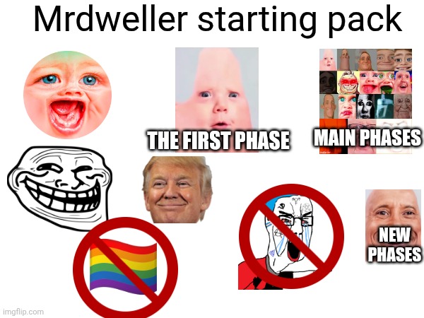 MrDweller starting pack | Mrdweller starting pack; MAIN PHASES; THE FIRST PHASE; NEW PHASES | image tagged in mrdweller | made w/ Imgflip meme maker