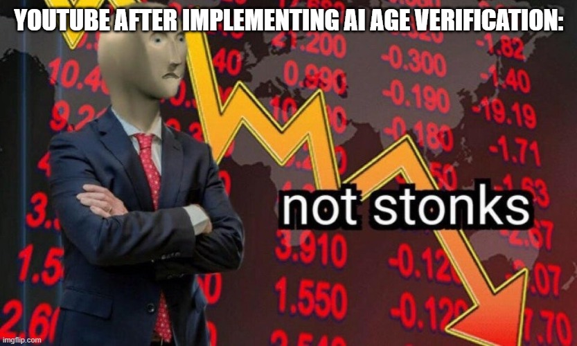 Not stonks | YOUTUBE AFTER IMPLEMENTING AI AGE VERIFICATION: | image tagged in not stonks | made w/ Imgflip meme maker