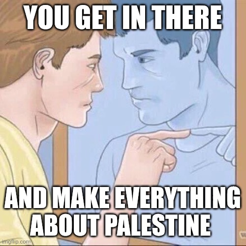 Pointing mirror guy | YOU GET IN THERE; AND MAKE EVERYTHING ABOUT PALESTINE | image tagged in pointing mirror guy | made w/ Imgflip meme maker