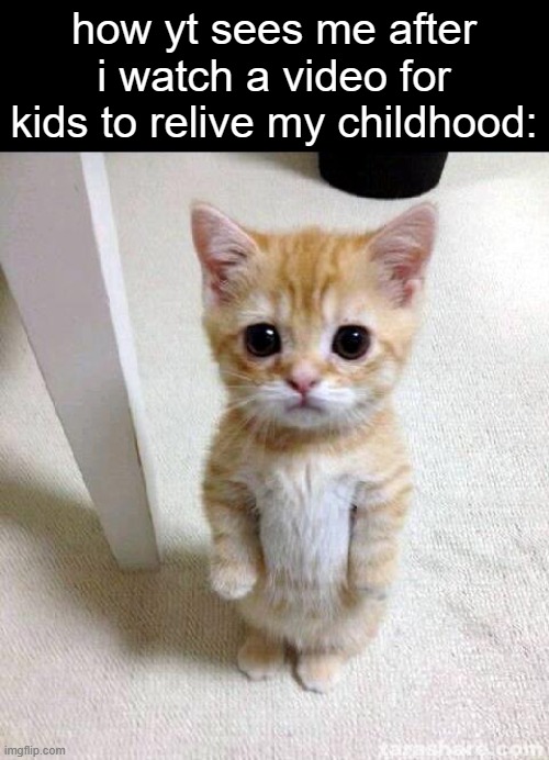 Only on August 13th and onwards | how yt sees me after i watch a video for kids to relive my childhood: | image tagged in memes,cute cat,funny,yt,august,we're all doomed | made w/ Imgflip meme maker