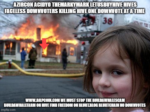 Disaster Girl Meme | AZIRCON ACIDYO THEMARKYMARK LETUSBUYHIVE HIVES FACELESS DOWNVOTERS KILLING HIVE ONE DOWNVOTE AT A TIME; WWW.BILPCOIN.COM WE MUST STOP THE BUILDAWHALESCAM BUILDAWHALEFARM ON HIVE FIND FREEDOM ON BLURT.BLOG BLURTCHAIN NO DOWNVOTES | image tagged in memes,disaster girl | made w/ Imgflip meme maker