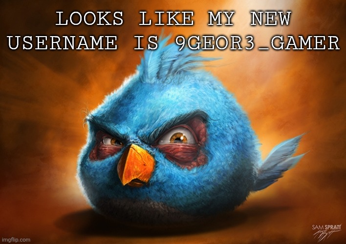 9geor3_Gamer | LOOKS LIKE MY NEW USERNAME IS 9GEOR3_GAMER | image tagged in angry birds blue | made w/ Imgflip meme maker