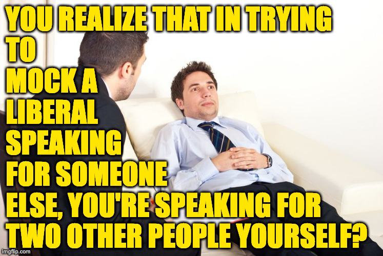 therapist couch | YOU REALIZE THAT IN TRYING
TO
MOCK A
LIBERAL
SPEAKING
FOR SOMEONE
ELSE, YOU'RE SPEAKING FOR
TWO OTHER PEOPLE YOURSELF? | image tagged in therapist couch | made w/ Imgflip meme maker