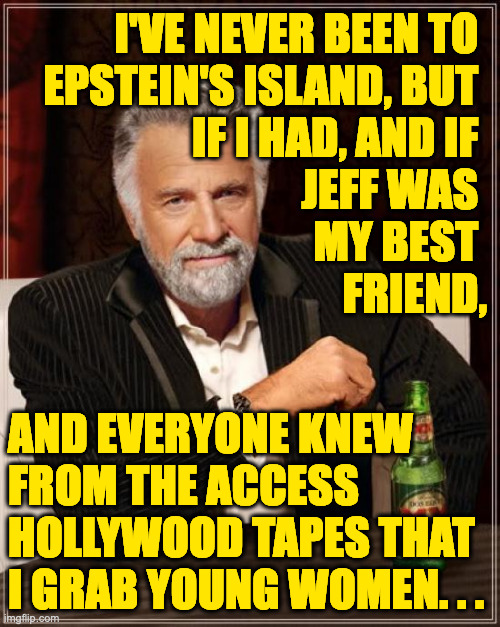 The Most Interesting Man In The World Meme | I'VE NEVER BEEN TO 
EPSTEIN'S ISLAND, BUT 
IF I HAD, AND IF 
JEFF WAS 
MY BEST 
FRIEND, AND EVERYONE KNEW
FROM THE ACCESS
HOLLYWOOD TAPES TH | image tagged in memes,the most interesting man in the world | made w/ Imgflip meme maker