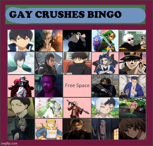 Gay crushes bingo | image tagged in gay crushes bingo,gay marriage,hot memes,crushes bingo,anime,lgbtq | made w/ Imgflip meme maker