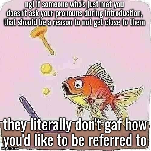 everytime I meet someone new I ask their pronouns right after learning their name | ngl if someone who's just met you doesn't ask your pronouns during introduction, that should be a reason to not get close to them; they literally don't gaf how
you'd like to be referred to | image tagged in goldfish cheering at flip phone | made w/ Imgflip meme maker