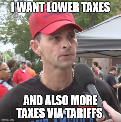 Derrr | I WANT LOWER TAXES; AND ALSO MORE TAXES VIA TARIFFS | image tagged in trump supporter,tariffs,taxes,dumb | made w/ Imgflip meme maker