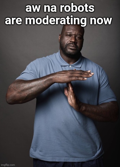 Shaq timeout | aw na robots are moderating now | image tagged in shaq timeout | made w/ Imgflip meme maker