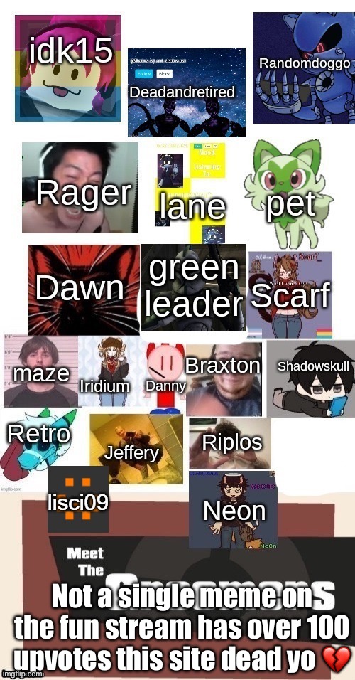 Also wdym doggo was a groomer | Not a single meme on the fun stream has over 100 upvotes this site dead yo 💔 | image tagged in meet the groomers updated march 2025 | made w/ Imgflip meme maker