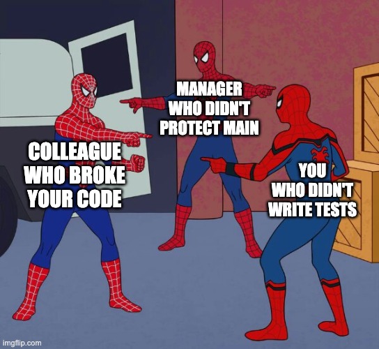 Spider Man Triple | MANAGER
WHO DIDN'T PROTECT MAIN; COLLEAGUE
WHO BROKE YOUR CODE; YOU
WHO DIDN'T WRITE TESTS | image tagged in spider man triple | made w/ Imgflip meme maker