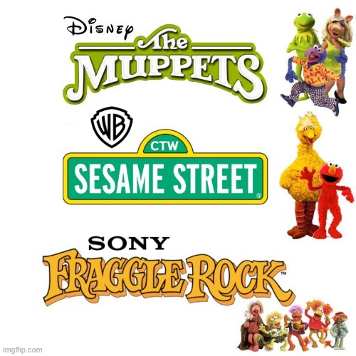 If the these company had owned the entire Muppet universe and not just the Muppets? (with the Disney-owned The Muppets) | image tagged in disney,the muppets,sesame street,fraggle rock,warner bros,sony pictures | made w/ Imgflip meme maker