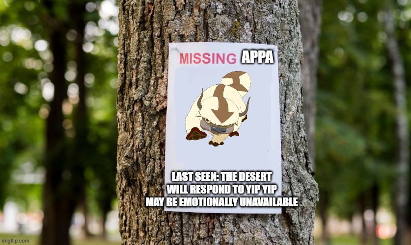 help | APPA; LAST SEEN: THE DESERT
WILL RESPOND TO YIP YIP
MAY BE EMOTIONALLY UNAVAILABLE | image tagged in missing | made w/ Imgflip meme maker
