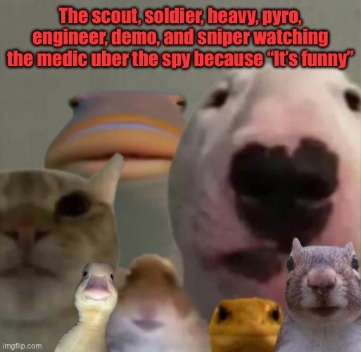 B R U H | The scout, soldier, heavy, pyro, engineer, demo, and sniper watching the medic uber the spy because “It’s funny” | image tagged in the council remastered | made w/ Imgflip meme maker