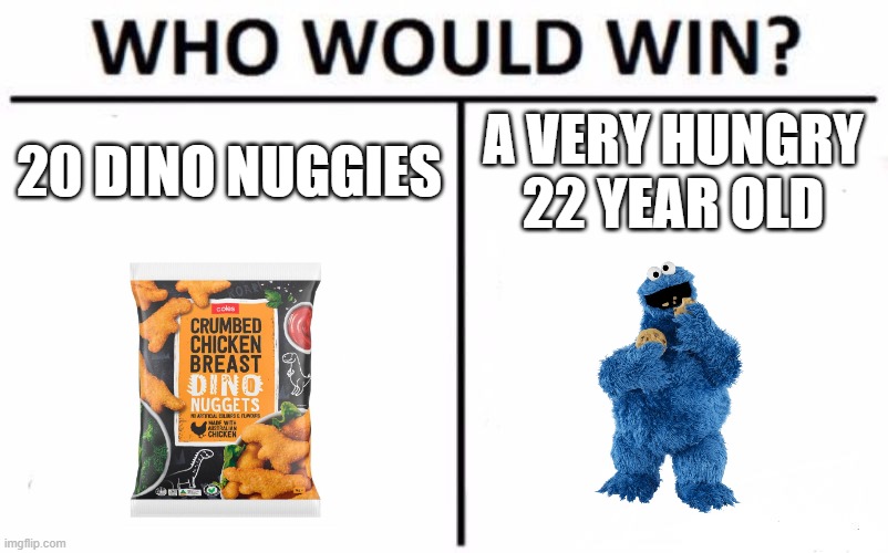 Cookie Monster | 20 DINO NUGGIES; A VERY HUNGRY 22 YEAR OLD | image tagged in memes,who would win | made w/ Imgflip meme maker