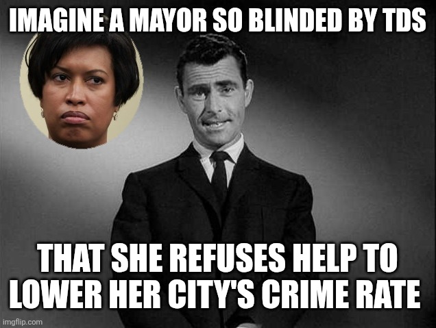 Wowser Bowser | IMAGINE A MAYOR SO BLINDED BY TDS; THAT SHE REFUSES HELP TO LOWER HER CITY'S CRIME RATE | image tagged in rod sterling and mayor bowser | made w/ Imgflip meme maker