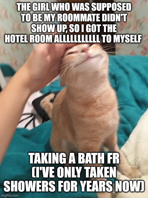 BATH TIME | THE GIRL WHO WAS SUPPOSED TO BE MY ROOMMATE DIDN'T SHOW UP, SO I GOT THE HOTEL ROOM ALLLLLLLLLLL TO MYSELF; TAKING A BATH FR (I'VE ONLY TAKEN SHOWERS FOR YEARS NOW) | image tagged in cat pat | made w/ Imgflip meme maker