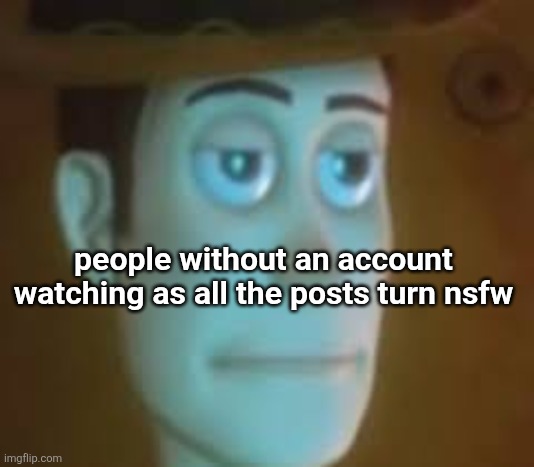 disappointed woody | people without an account watching as all the posts turn nsfw | image tagged in disappointed woody | made w/ Imgflip meme maker