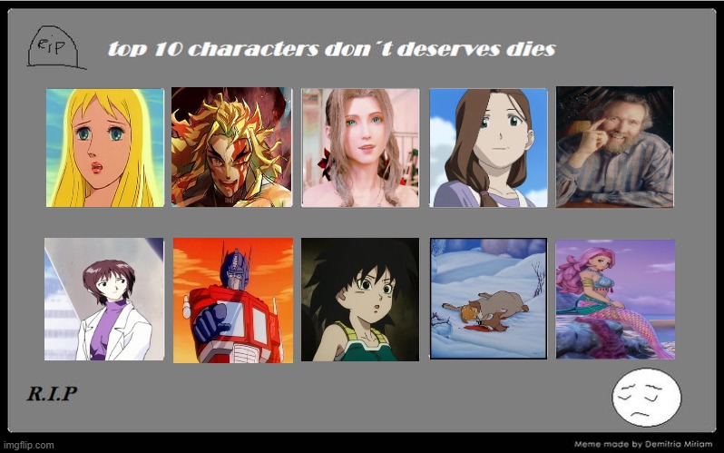 top 10 characters that don't deserve to die | image tagged in top 10 characters that don't deserve to die,movies,anime,jim henson,videogames,the little mermaid | made w/ Imgflip meme maker