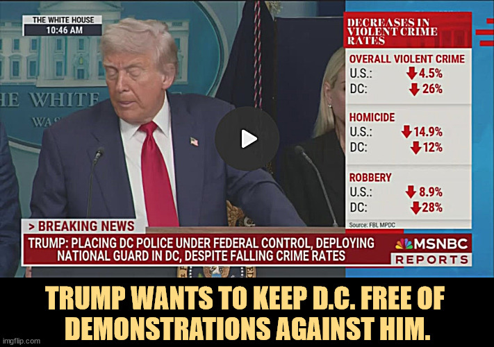 If Trump wants to cut down on crime in D.C., he should arrest himself. | TRUMP WANTS TO KEEP D.C. FREE OF 
DEMONSTRATIONS AGAINST HIM. | image tagged in trump,washington dc,national guard,demonstrations,coward,fake news | made w/ Imgflip meme maker