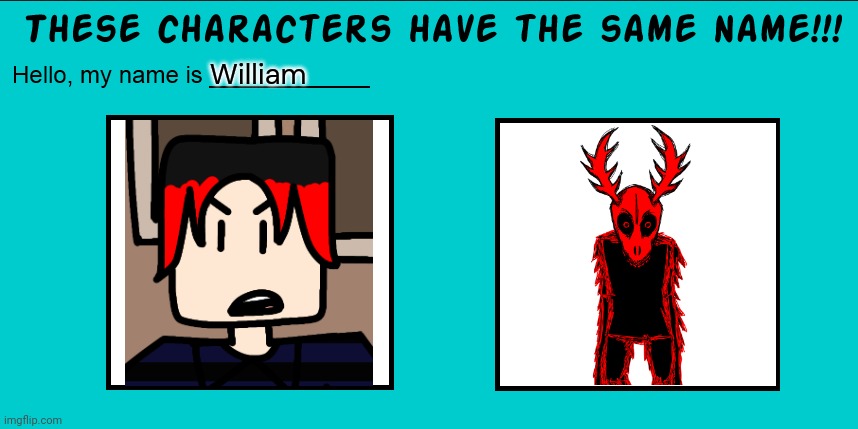 The mysterious character from Abgerny shares the same name as MC's cousin | William | image tagged in these characters have the same name,william,abgerny,mc's cousin,cousin,same name | made w/ Imgflip meme maker