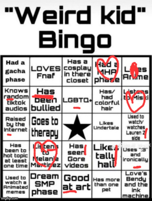 y'all I love mitski's music so much and melanie martinez | image tagged in weird kid bingo | made w/ Imgflip meme maker